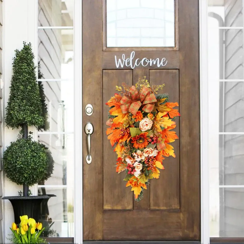 Thanksgiving Fall Wreath with Pumpkins & Maple Leaves 5