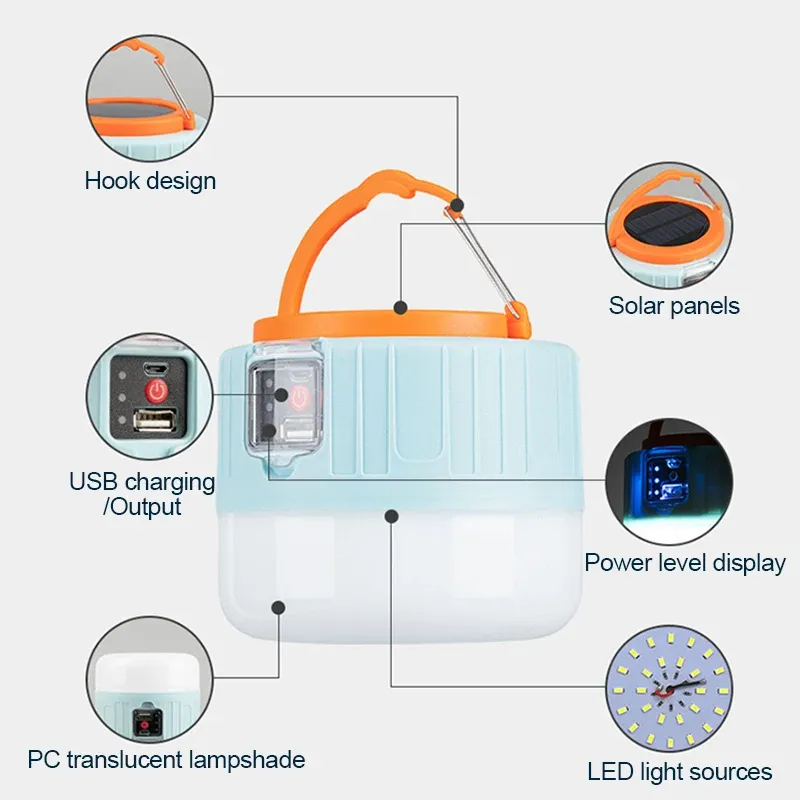 Solar LED Camping Light USB Rechargeable 6