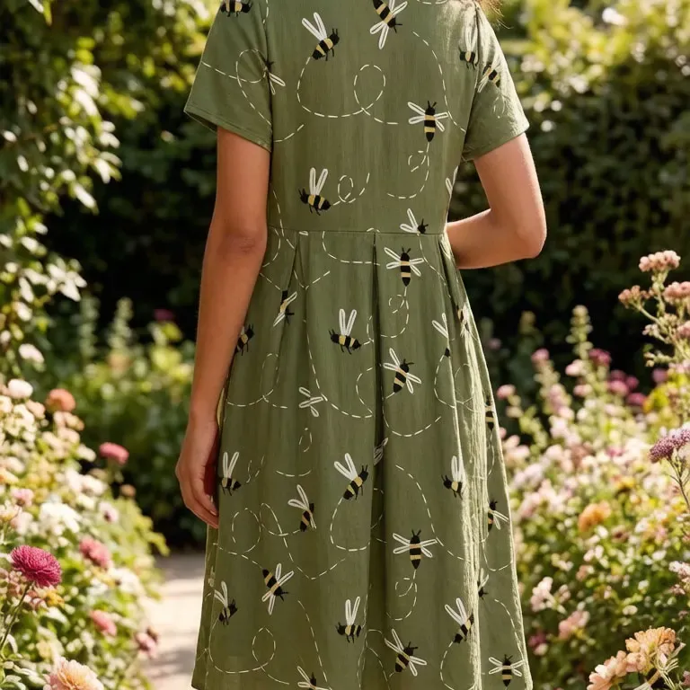 Green Bee Print A-Line Midi Dress 2