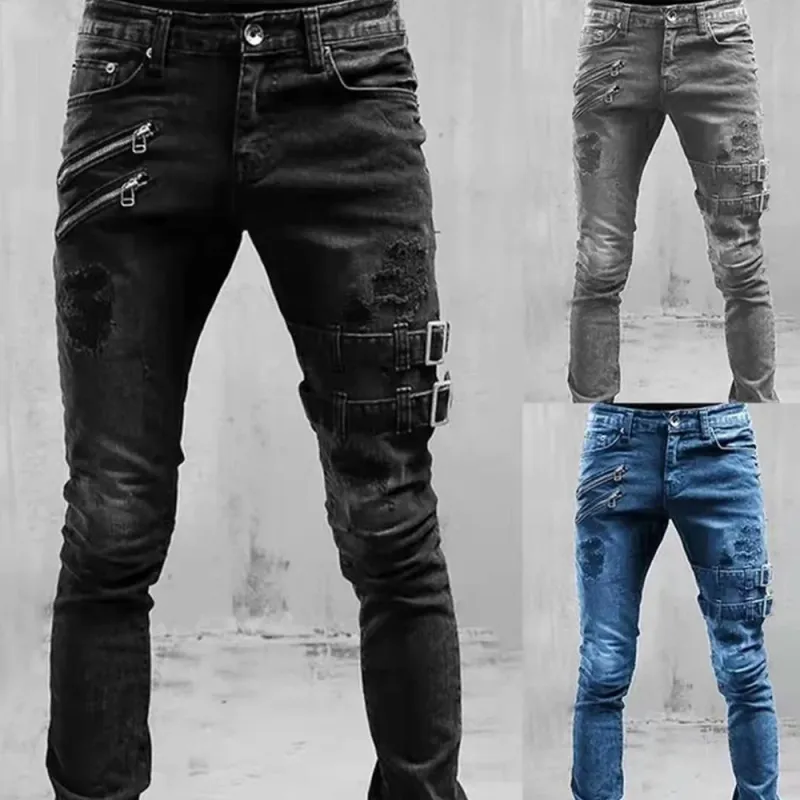 Retro Moto Biker Elastic Jeans - Y2K Streetwear 2