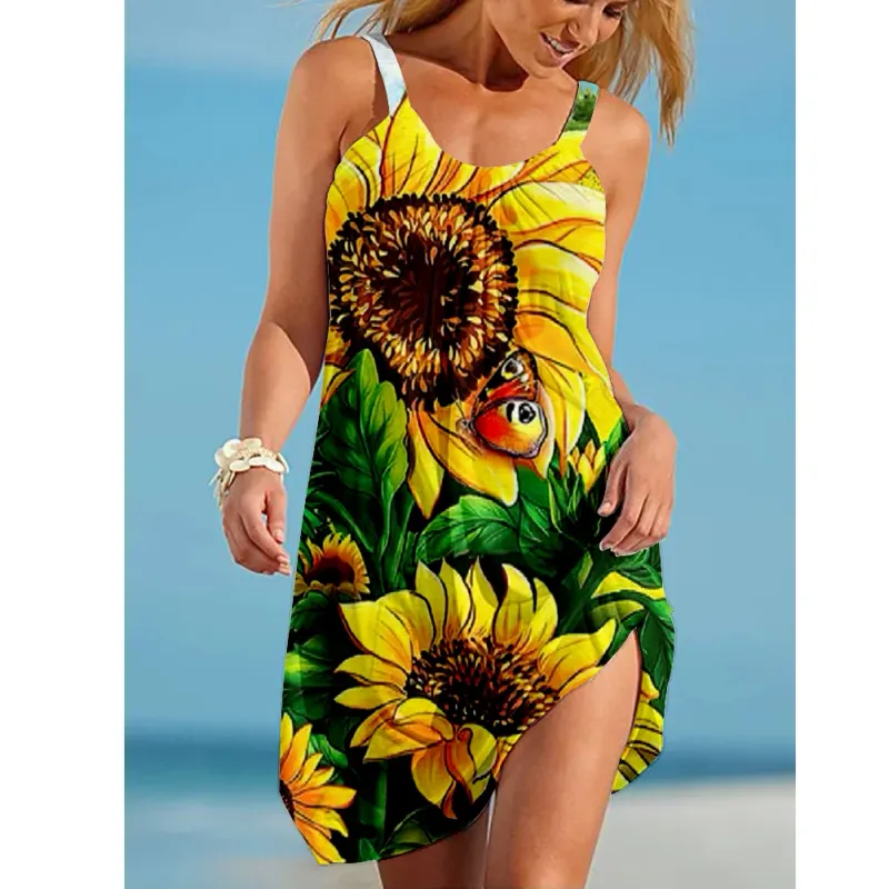 Sunflower Parrot Print Mini Beach Dress 3