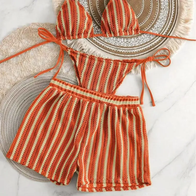 Women's 3-Piece Mesh Lace-Up Bikini Set 1