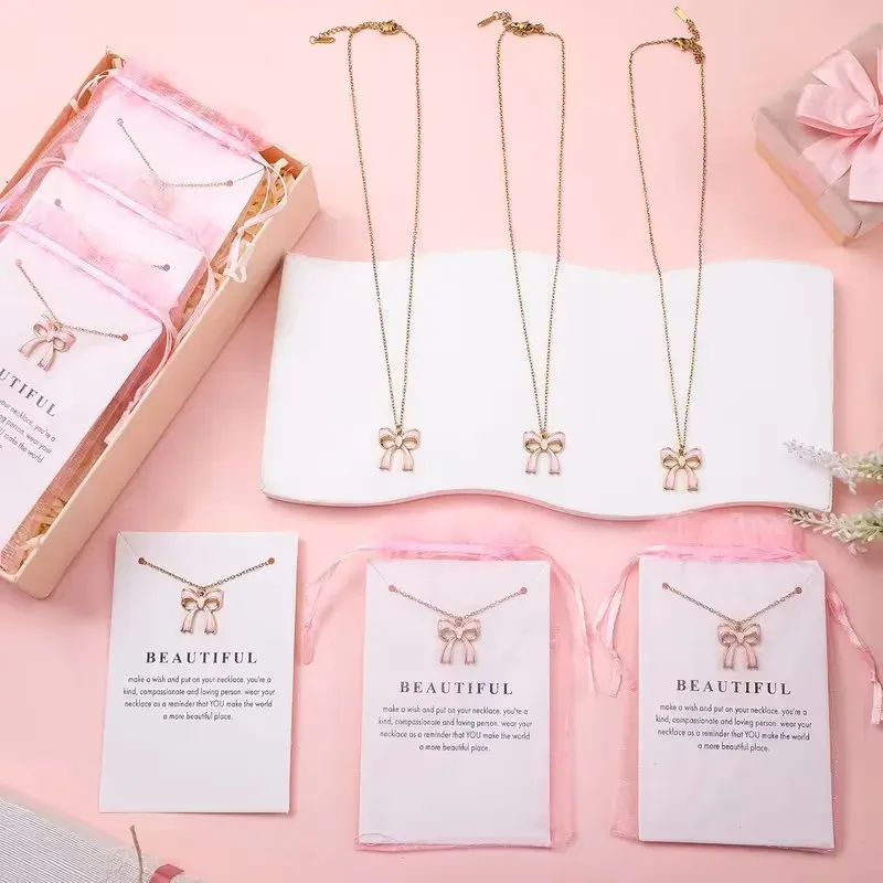 12-Piece Pink Enamel Bow Necklace Gift Set 3