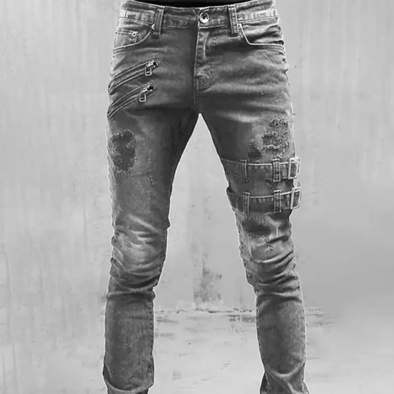 Retro Moto Biker Elastic Jeans - Y2K Streetwear 4