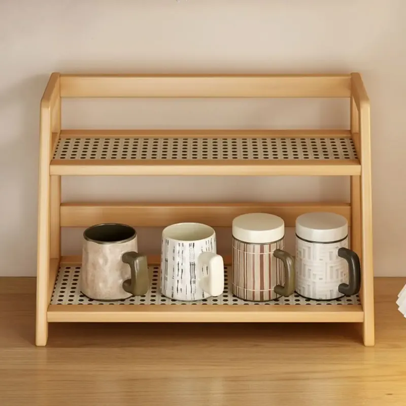 Wooden Rattan Storage Shelf Organizer 6
