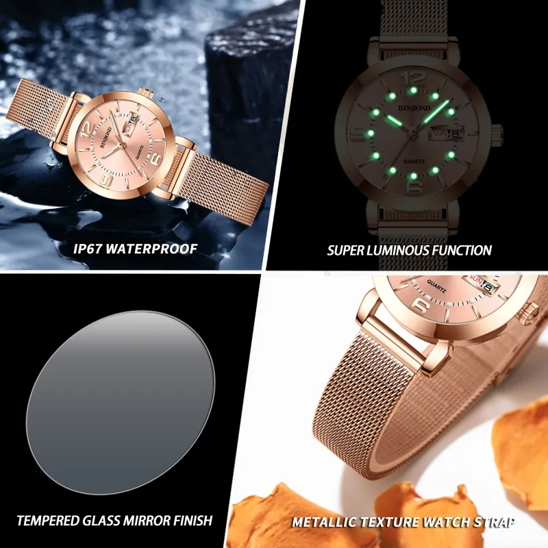 BINBOND Women's Luminous Auto Date Quartz Watch 6