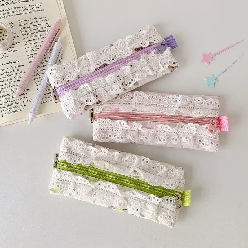 Lace Pencil Case for Student Girl Ruffle Cute Korean Makeup Stationery Organizer Bag Portable Pouch Back To School Kawaii Gift 3