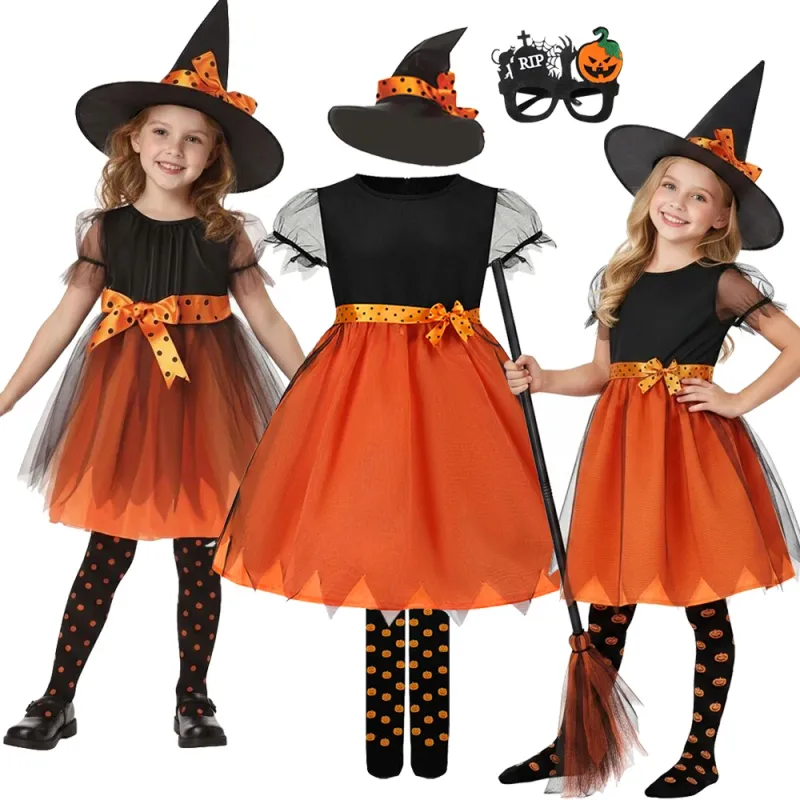 Girls Halloween Pumpkin Witch Costume 1
