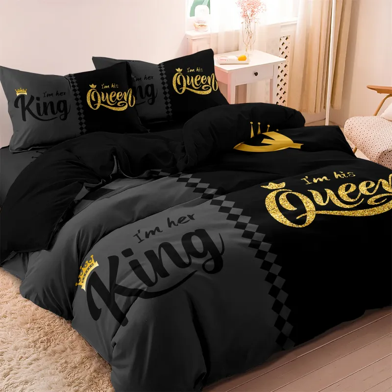 Crown Printed Bedding Set 3pcs Black Gray 1
