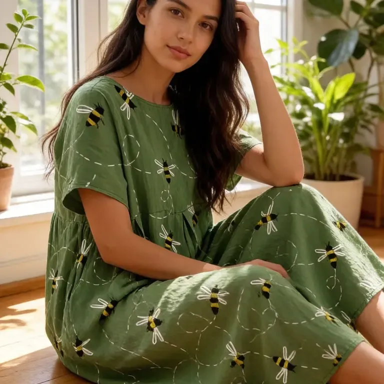 Green Bee Print A-Line Midi Dress 6