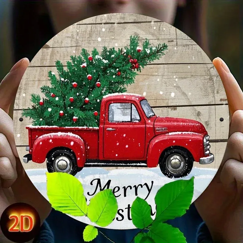 Vintage Red Truck Christmas Wreath Metal Sign 5