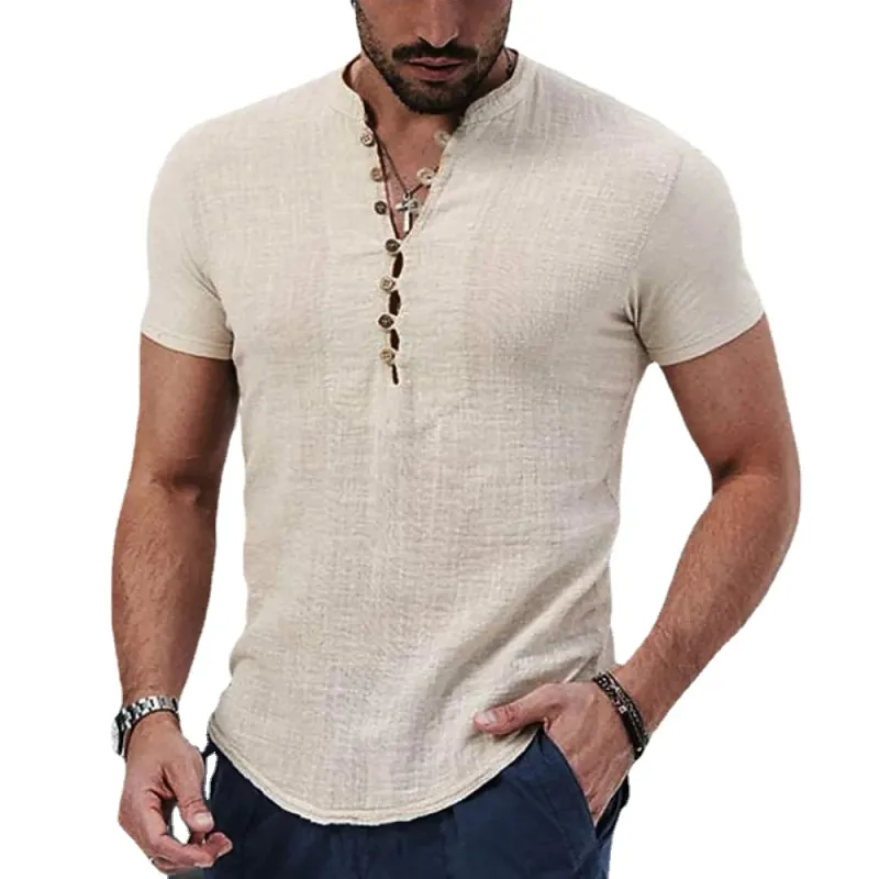 Men's V-Neck Cotton Linen Shirt 1