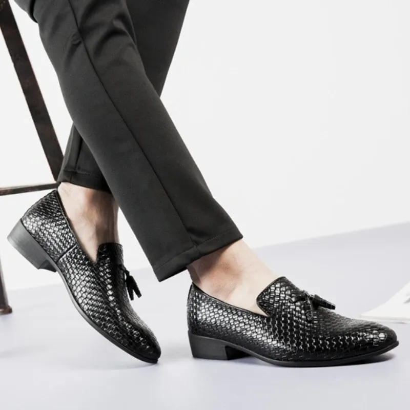 Black Woven Leather Square Heel Slip-on Shoes 4