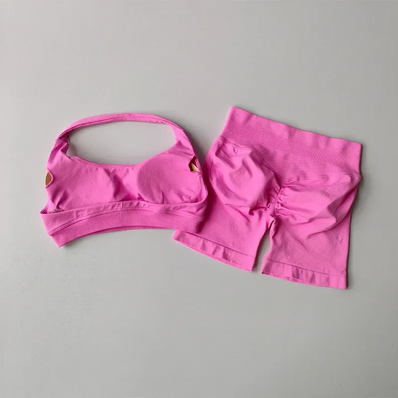 Peach Halter Yoga Bra & Shorts Set 4