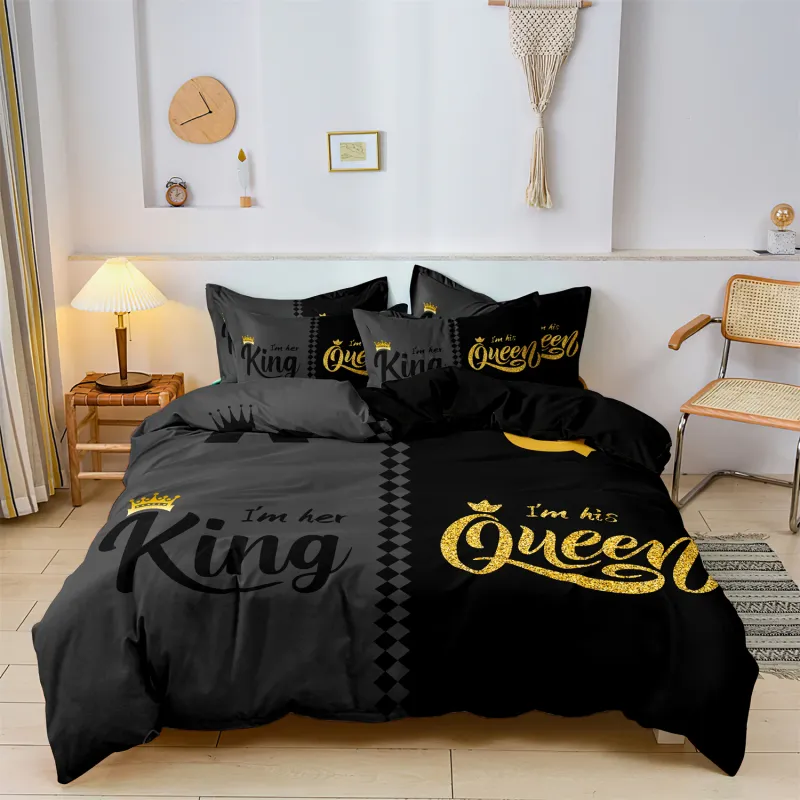Crown Printed Bedding Set 3pcs Black Gray 3