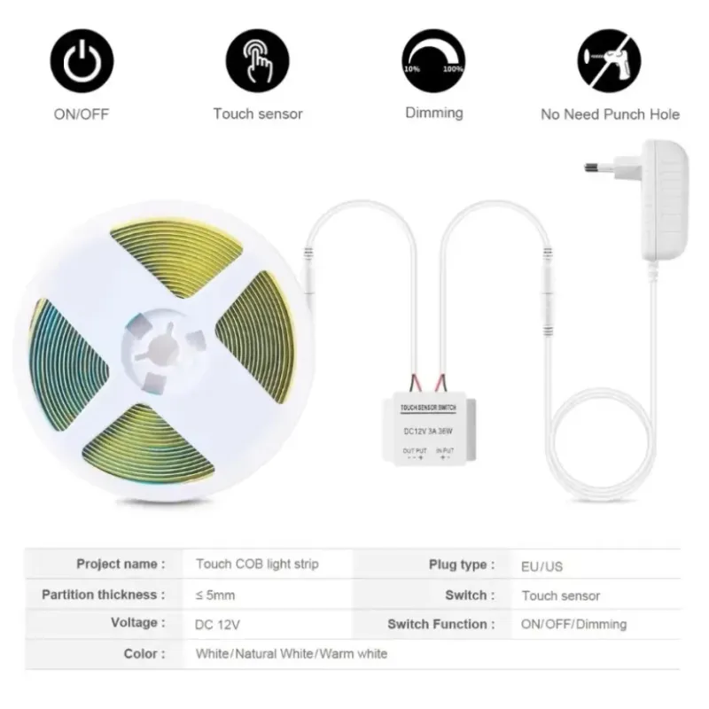 Touch Dimmable COB LED Strip Kit 5