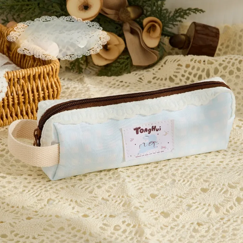 1 Piece Korean Fashion Causal Pencil Pouch for Kids Girl Lace Ruffle Sweet Plaid Stationery Organizer Back To School Student 3