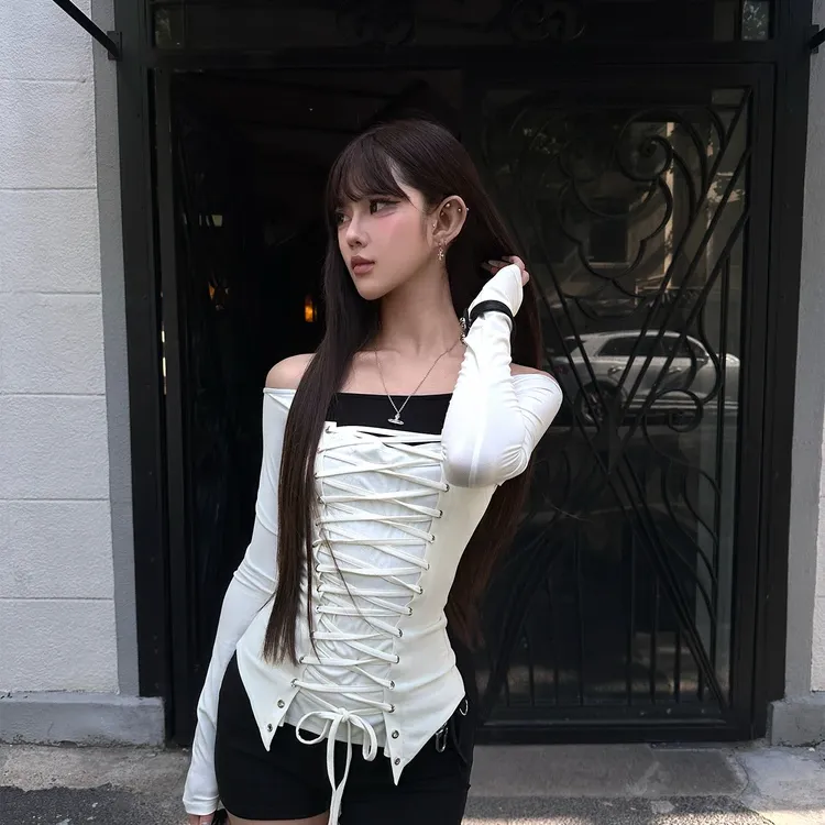 Seeslim Patchwork Lace-Up T-shirt 3