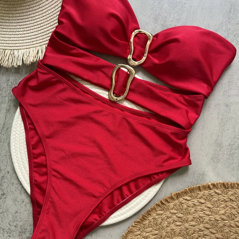 Metal Ring Cut Out Bandeau One Piece Swimsuit 3