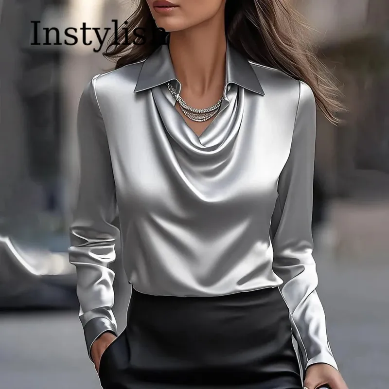 Satin V-Neck Lapel Blouse 4
