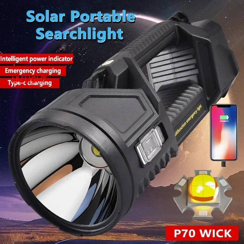 Solar USB Rechargeable XHP70 LED Flashlight 2