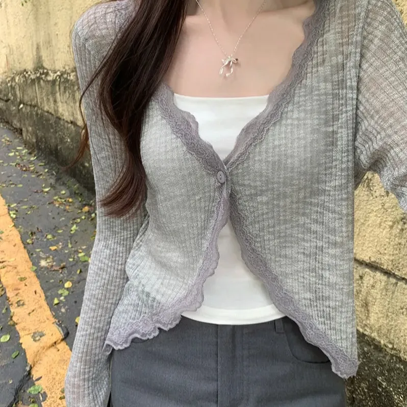 Lace Trim Ribbed Knit Crop Cardigan 2