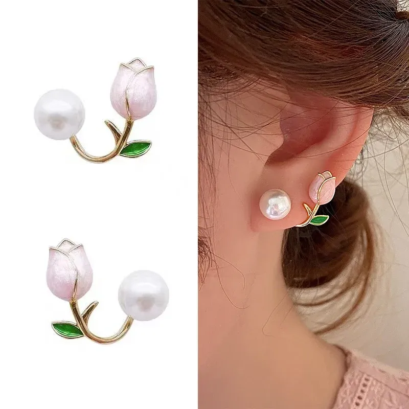 Pink Tulip Pearl Stud Earrings with Zircon 1