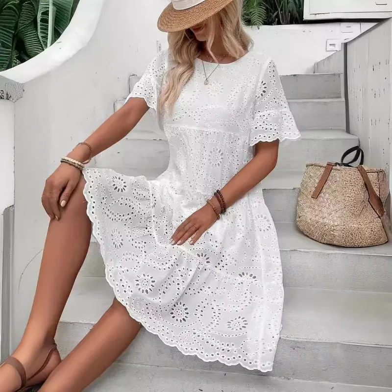White Eyelet Embroidery Midi Dress 3