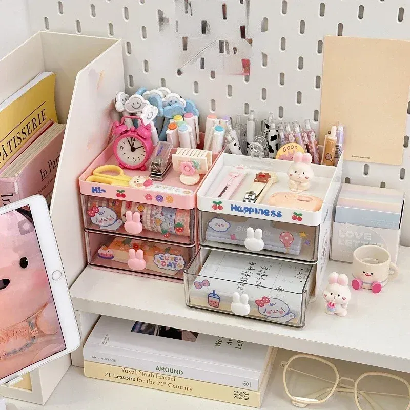 Cute Pen Desk Holder Storage Box Organizer Girl Drawer-type Desktop Student Stationery Handbook Nine Grids Storage Box 3