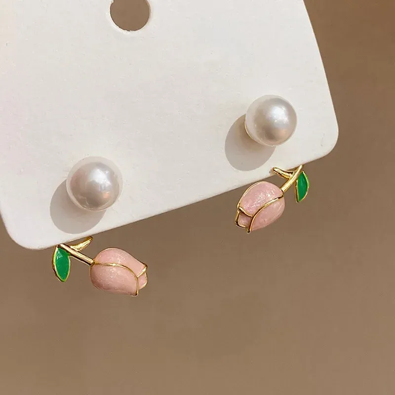 Pink Tulip Pearl Stud Earrings with Zircon 2