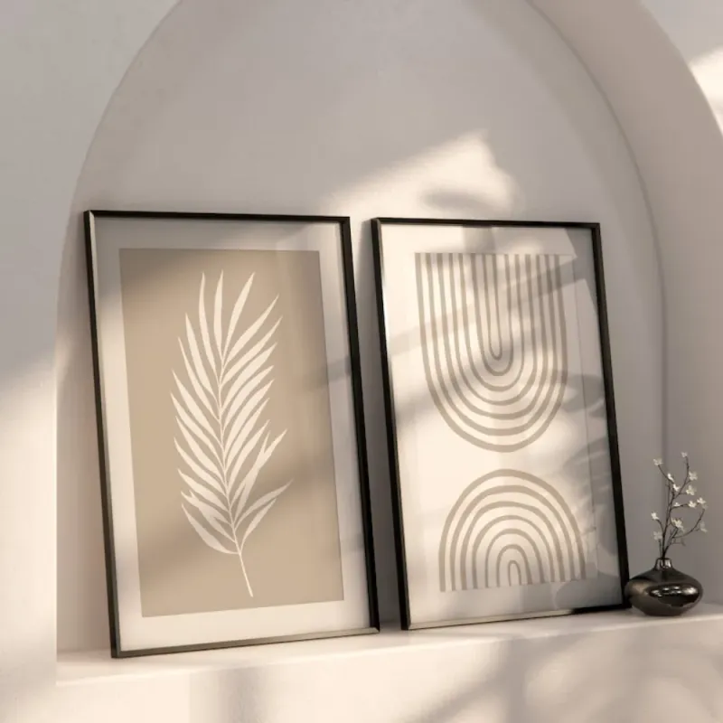 Beige Boho Palm Leaf Print Set of 2 3