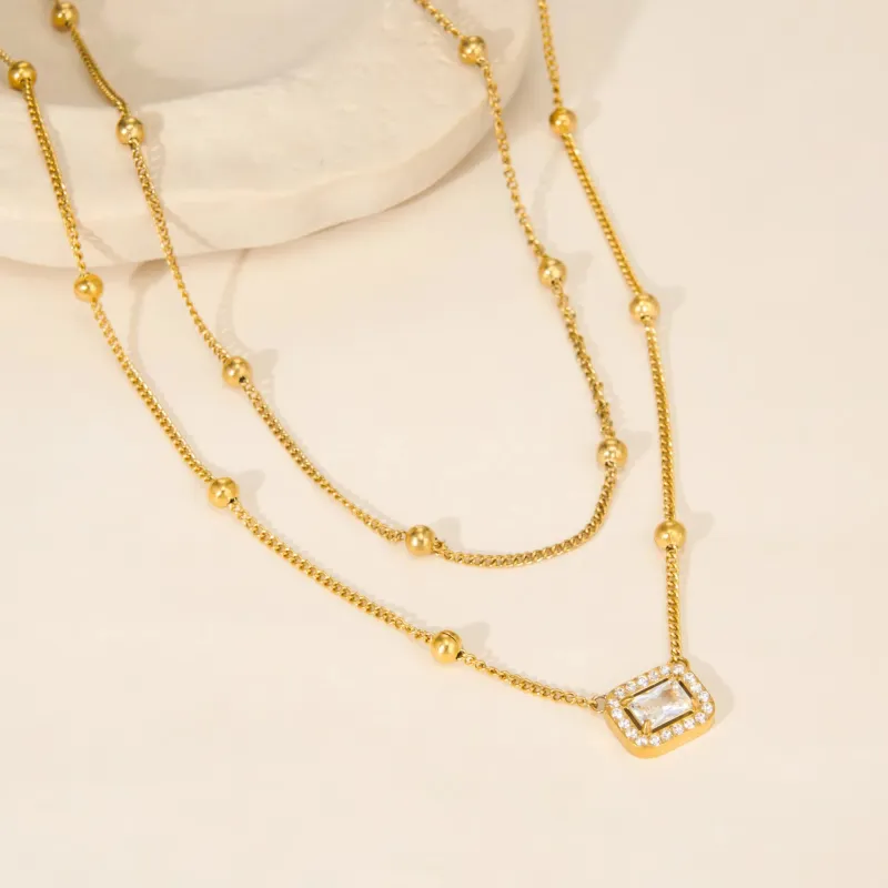 Double Layer Bead Chain Zircon Pendant Necklace 5