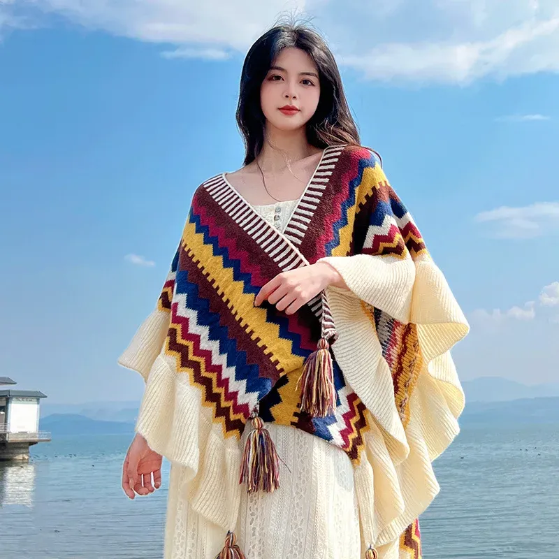 Bohemian Striped Tasseled Poncho Wrap 3