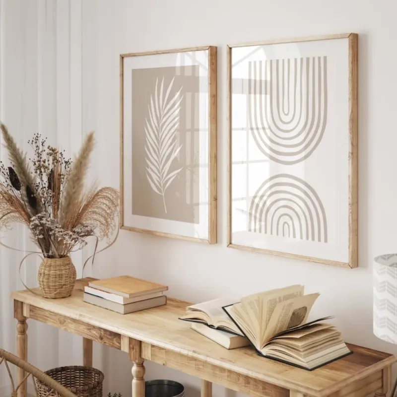 Beige Boho Palm Leaf Print Set of 2 2