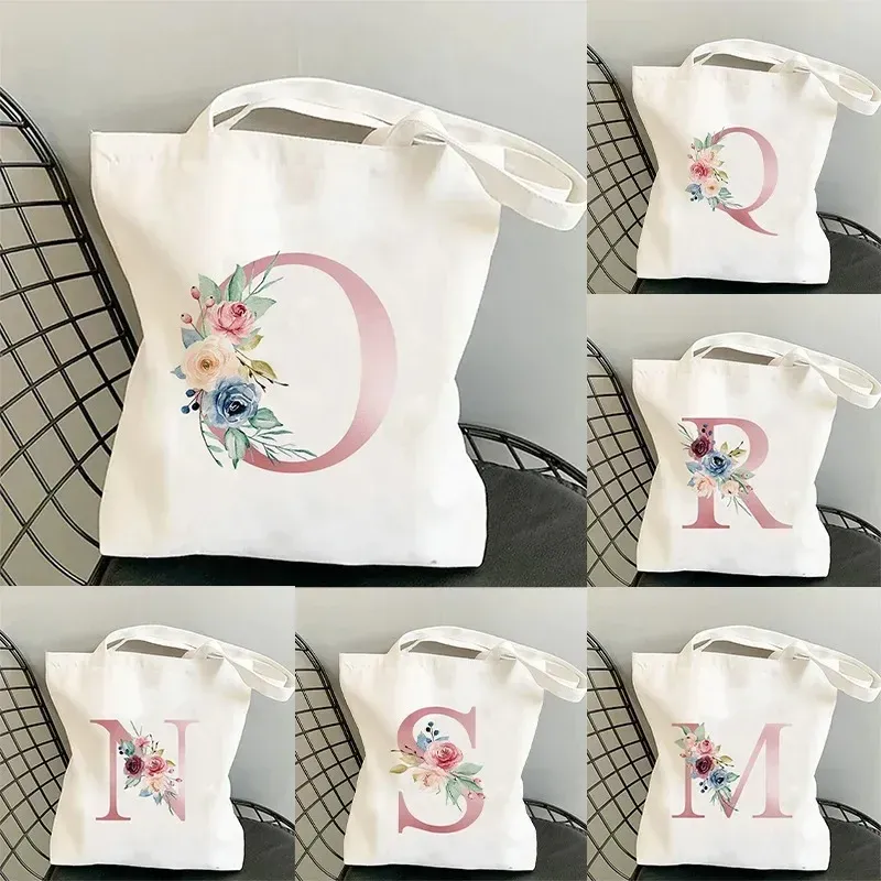 Pink Flower Letter Canvas Shoulder Bag 1