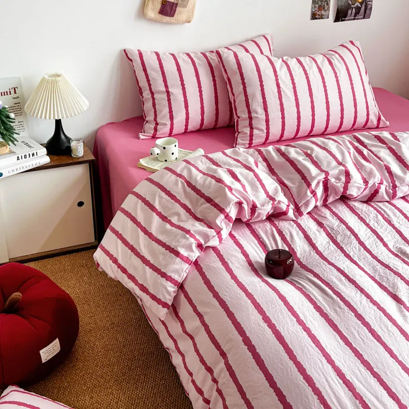 Pink Striped Cotton Duvet Cover Set 3pc 3