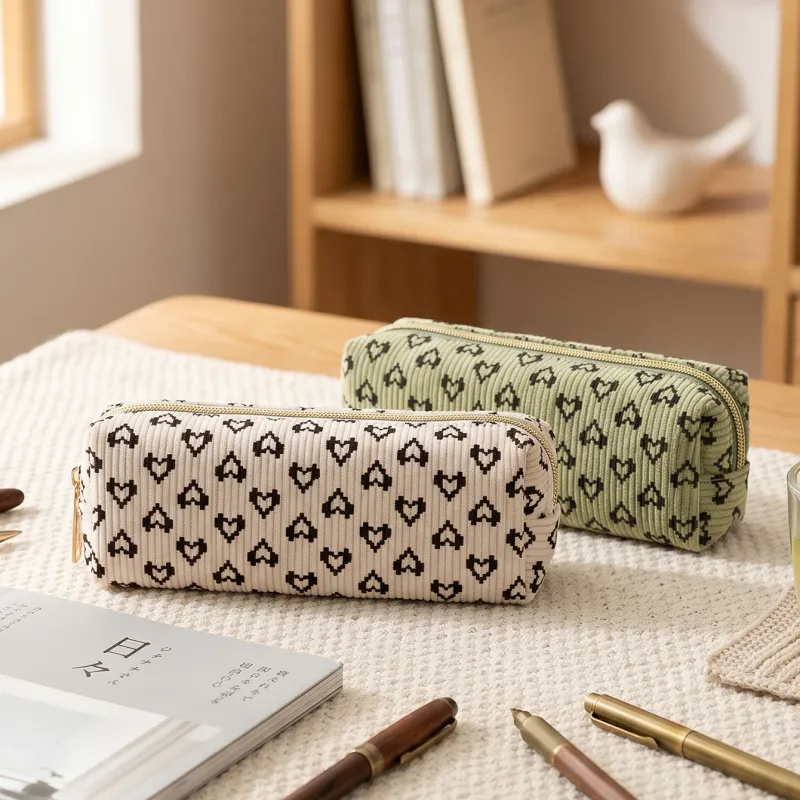 Heart Print Corduroy Pencil Case 1