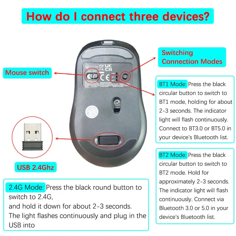 Ergonomic Wireless Mouse 2.4GHz + Bluetooth 3