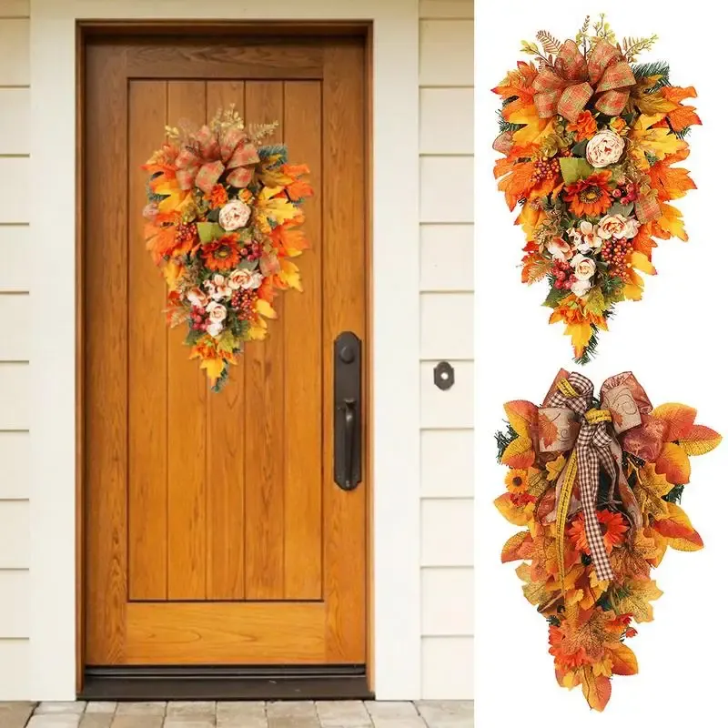 Thanksgiving Fall Wreath with Pumpkins & Maple Leaves 1