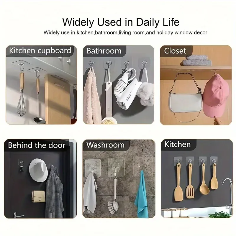 Heavy Duty Transparent Adhesive Wall Hooks, No Drill No Residue Clear Hooks, Waterproof Strong Sticky Hooks for Bathroom Kitchen Hanging Towel Key Cutlery, Damage-Free Removable Home Storage Organizer 5