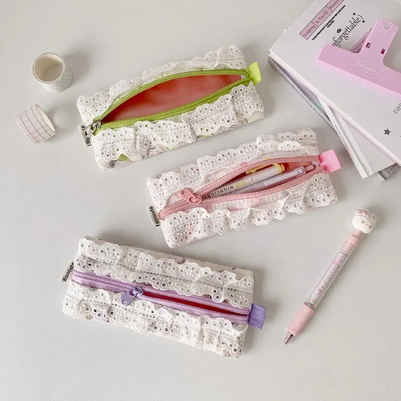 Lace Pencil Case for Student Girl Ruffle Cute Korean Makeup Stationery Organizer Bag Portable Pouch Back To School Kawaii Gift 4