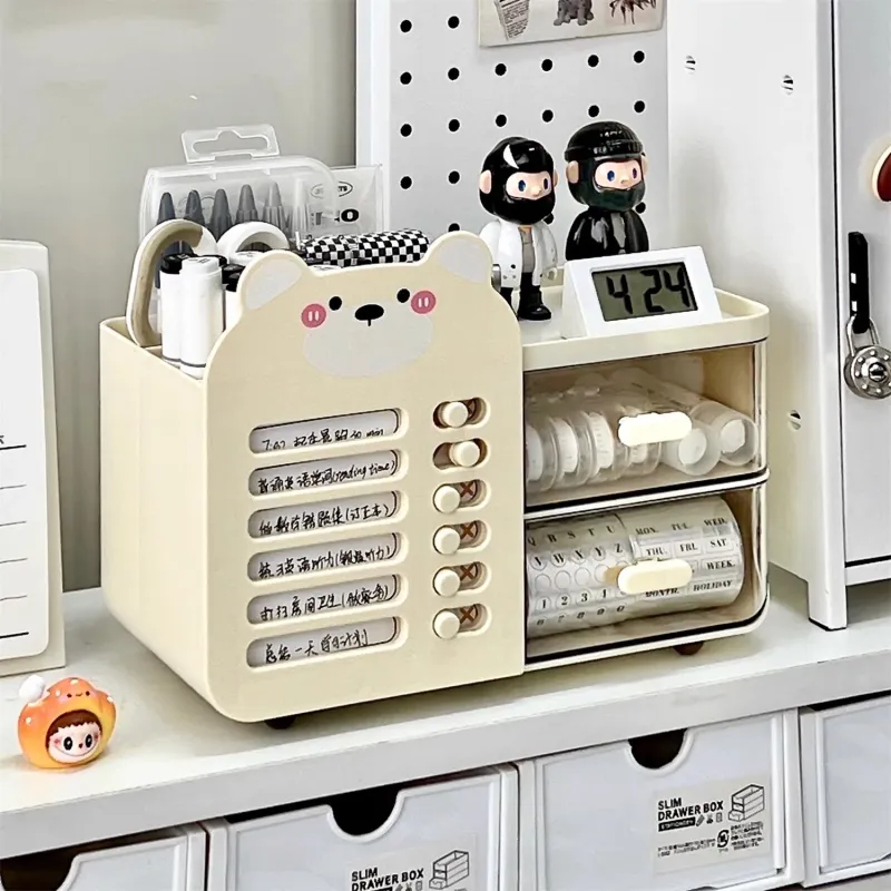 Multifunctional Desktop Stationery Organizer with Drawer, Pen Holder Storage Box for Student & Office Desk Use 3