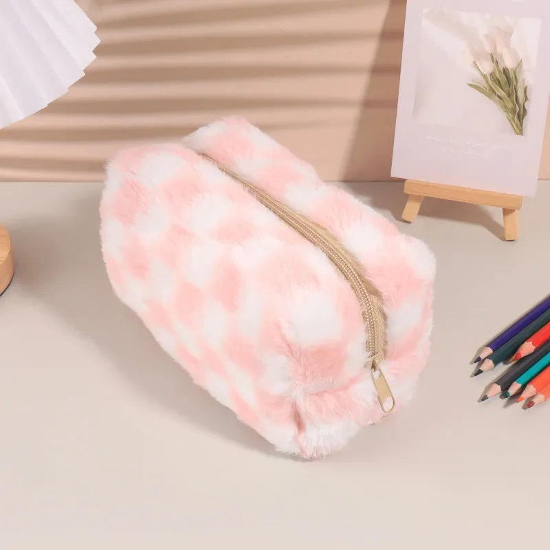 Cute Korean Checkered Pencil Case,Large School Pouch Zipper,Pen Holder Organizer, Capacity Aesthetic Stationery for Students 3
