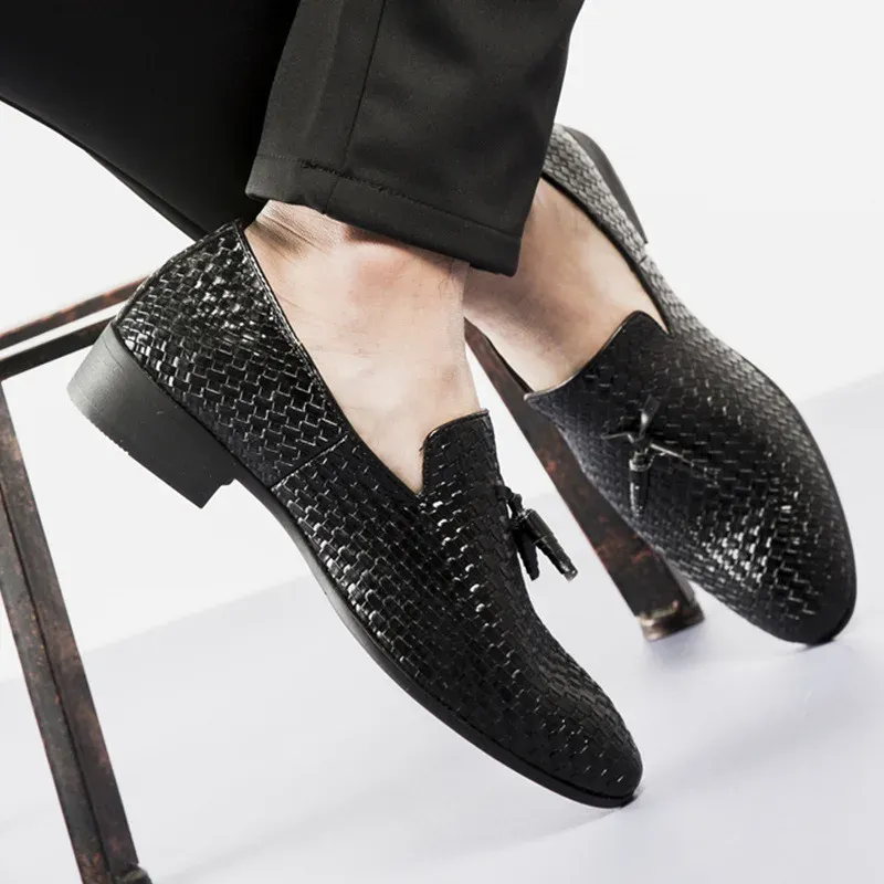 Black Woven Leather Square Heel Slip-on Shoes 2