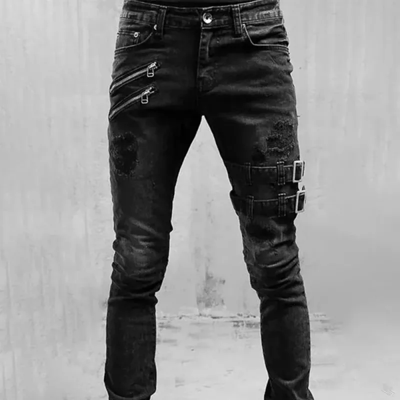 Retro Moto Biker Elastic Jeans - Y2K Streetwear 3