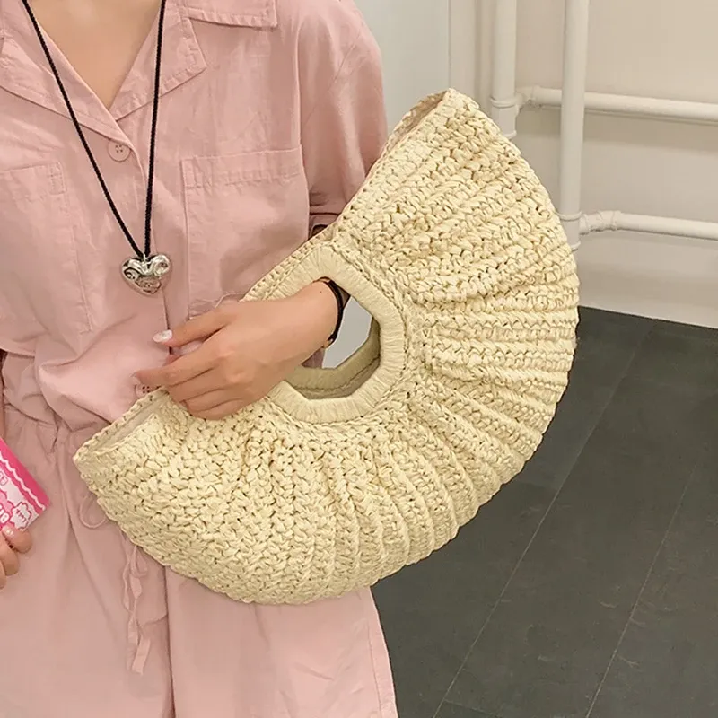 Straw Half-Moon Beach Tote Bag 2