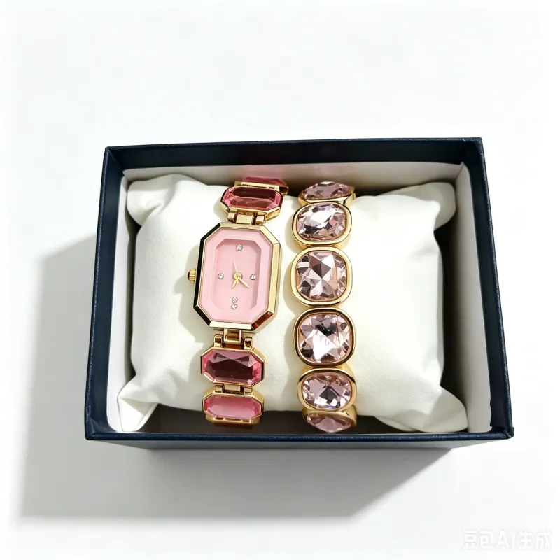Gold Quartz Watch & Crystal Bracelet Set 6
