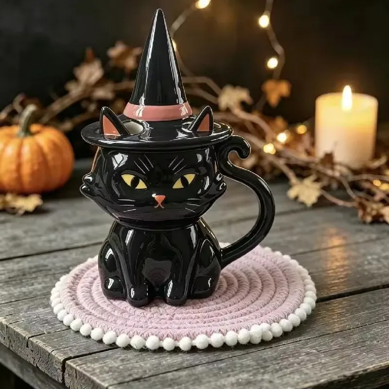 Black Cat Witch Hat Lid Halloween Mug 4