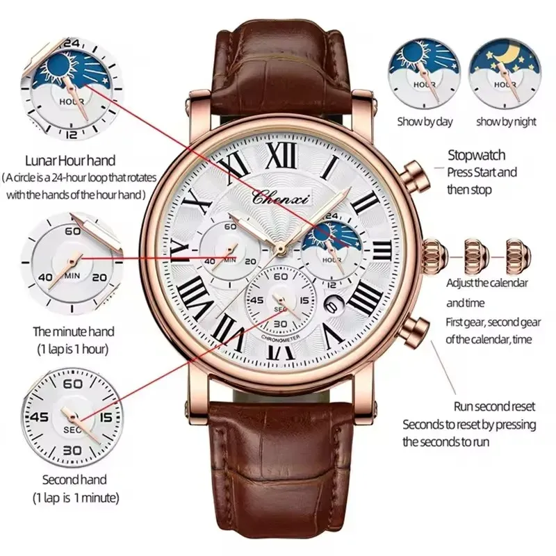 CHENXI 973 Men's Moon Phase Leather Watch 3