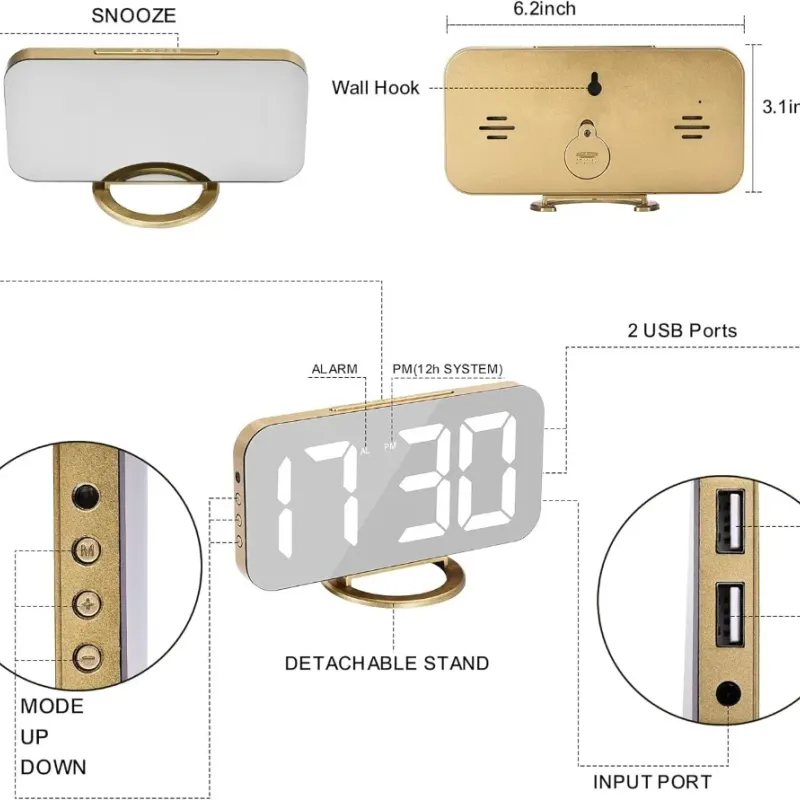 LED Mirror Alarm Clock with USB Charger 5